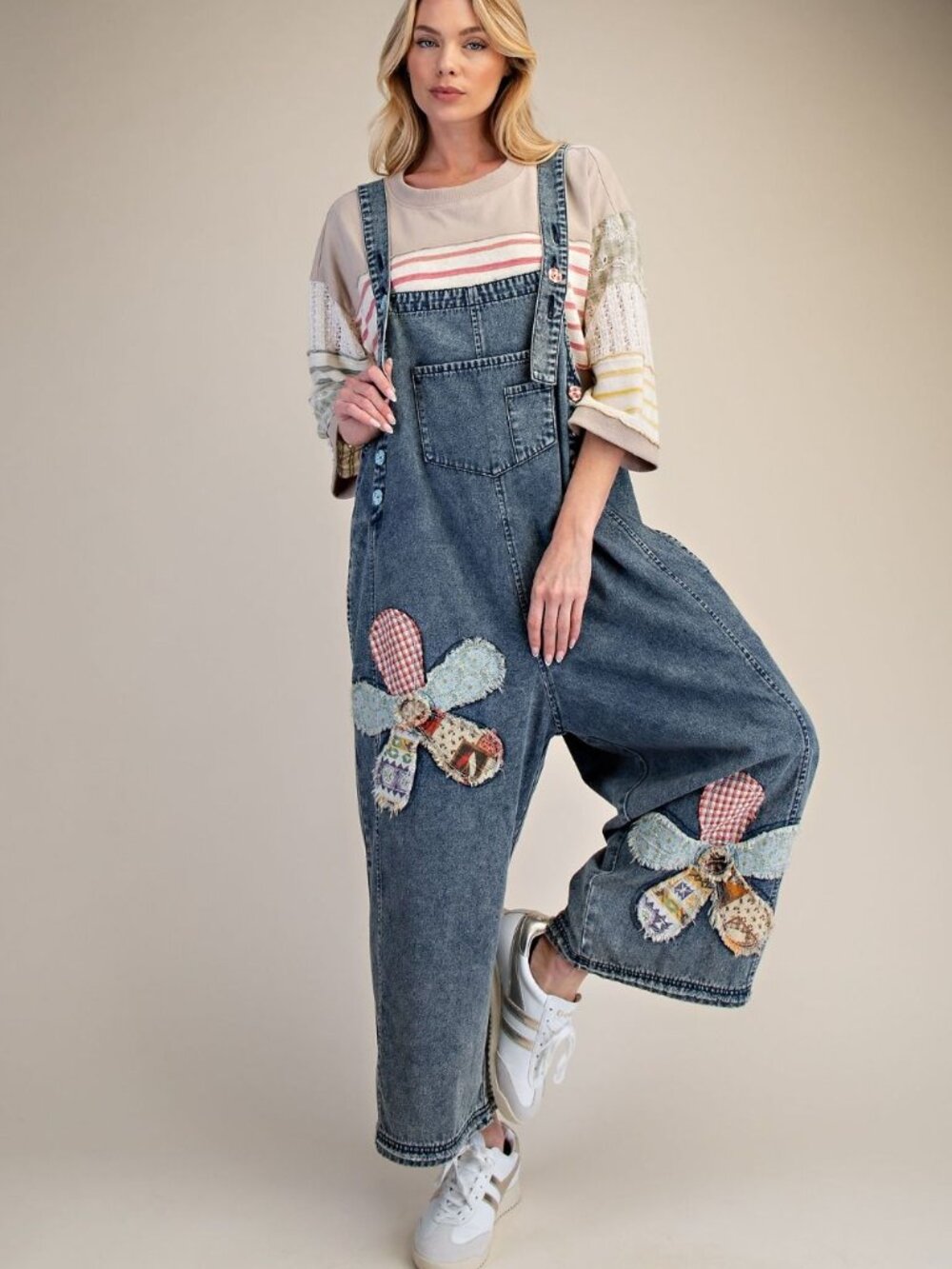 THREE BIRD NEST FLOWER PATCH WASHED DENIM OVERALLS 95%COTTON 5%VISCOSE - Picture 2 of 4